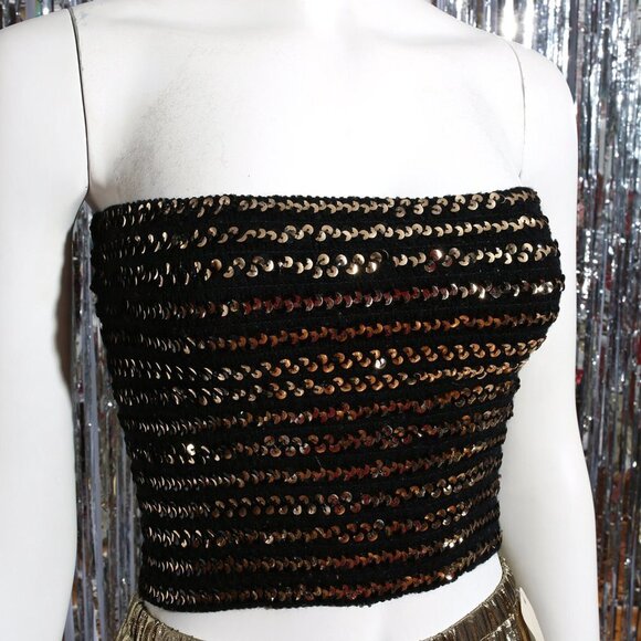 Iconic Vintage 70s 80s Black Gold Sequin Tube Top - Picture 2 of 7